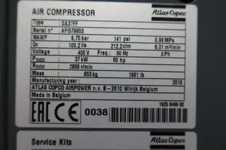 C-Mec 002 kompresor ATLAS COPCO SV GA 37 FF s tlakovou nádobou