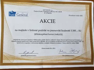 21 ks akcií společnosti Just General a.s.