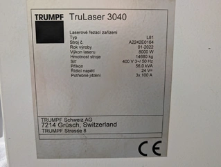 MSC MetPro - Laserová řezací stanice TRUMPF TruLaser 3040 fiber s příslušenstvím